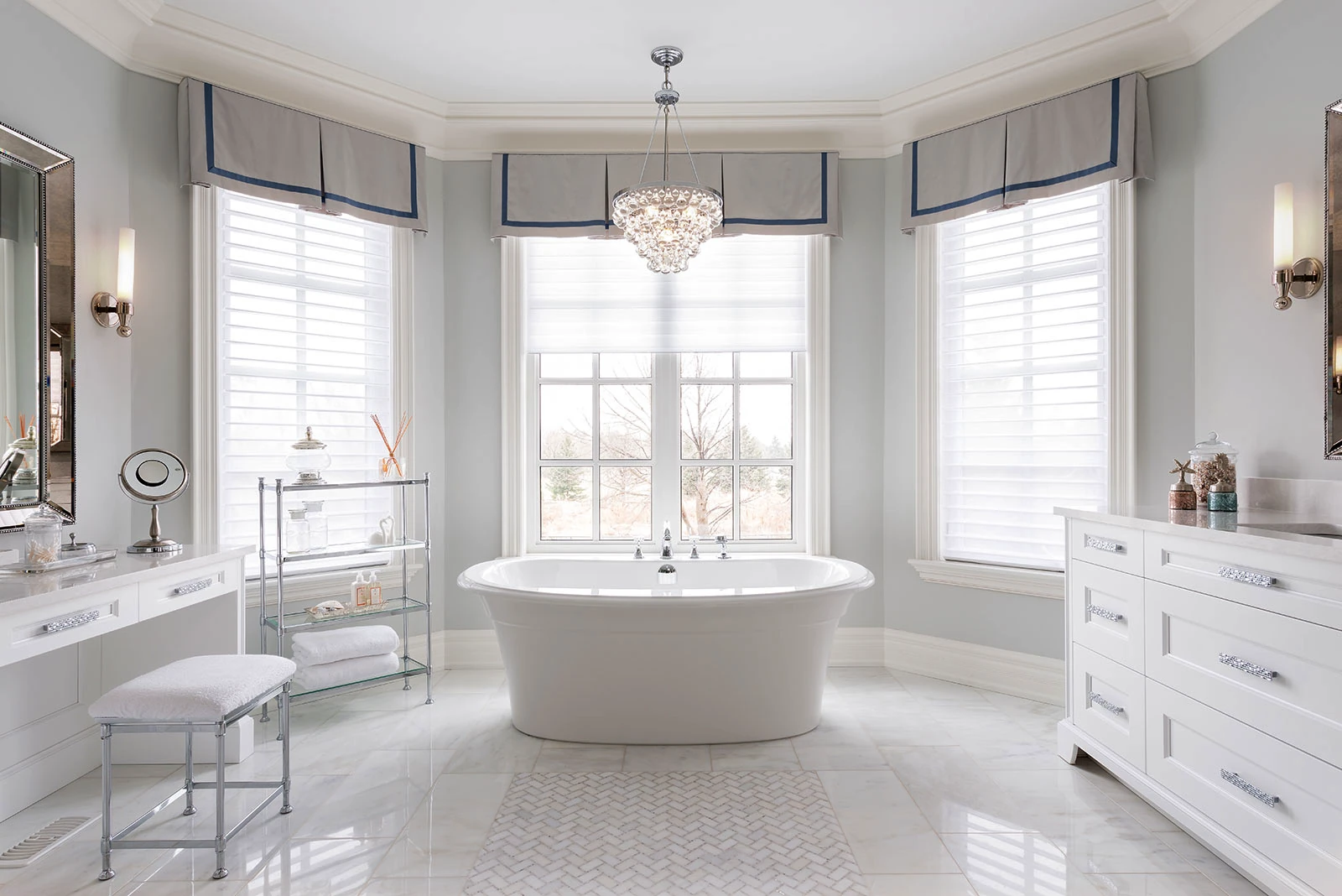 High-end bathroom with beautifully finished white semi-gloss trim work