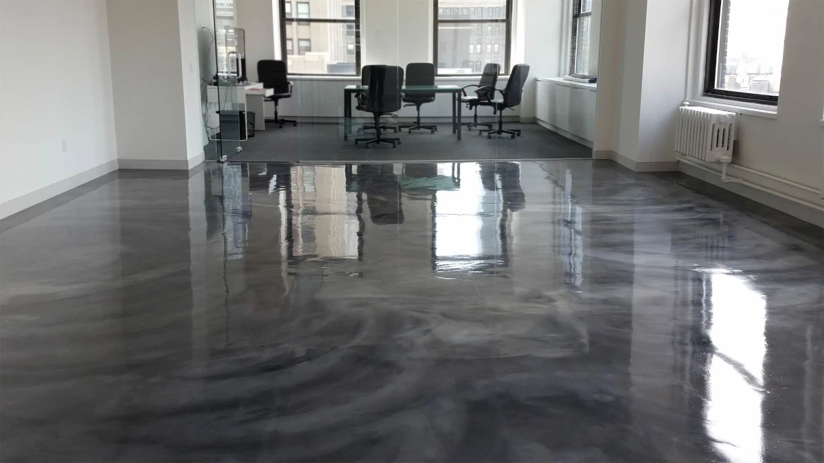 Modern high-rise reception area with stylish epoxy floor