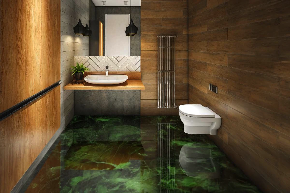Green marble metallic epoxy floor with stunning wave pattern in bathroom