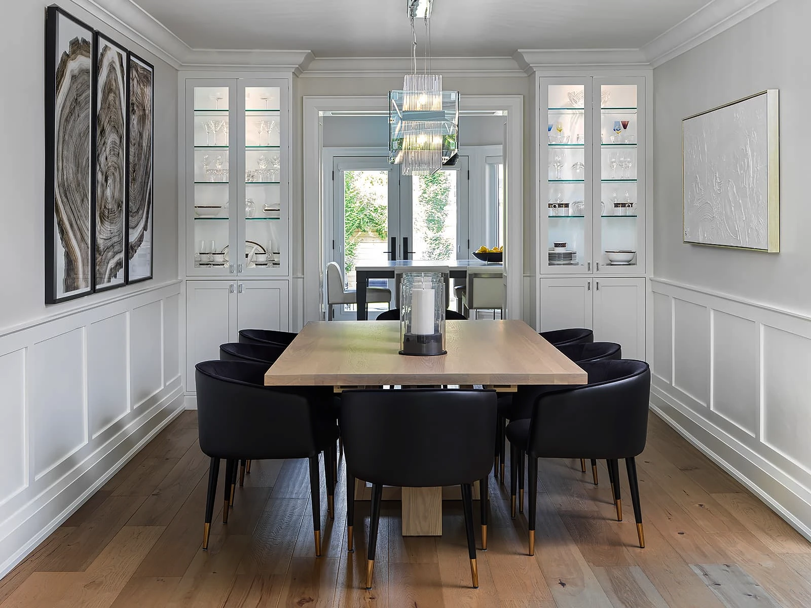 Beautiful trim work and wainscoting in an elegant dining room