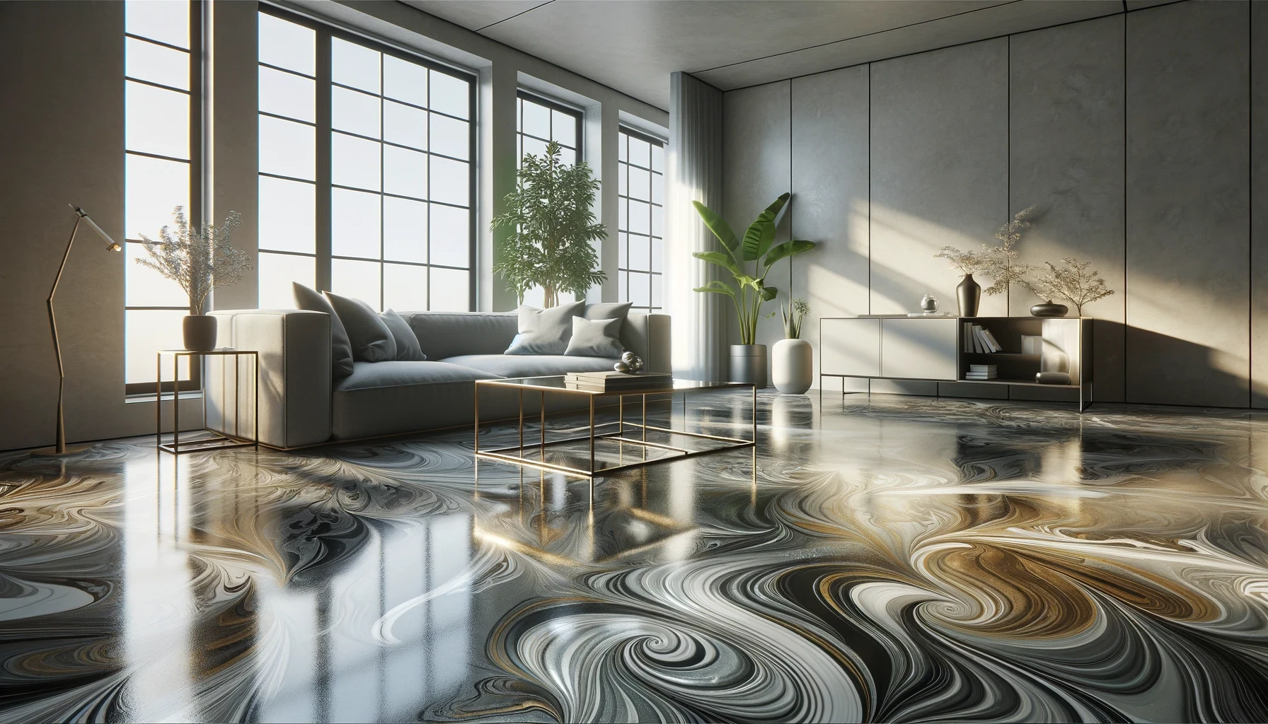 Luxury artistic epoxy floor with swirling patterns